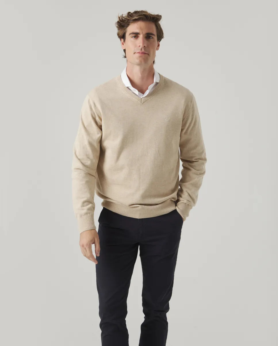 Jersey Classic V Neck Cotton Beige | SCOTTA