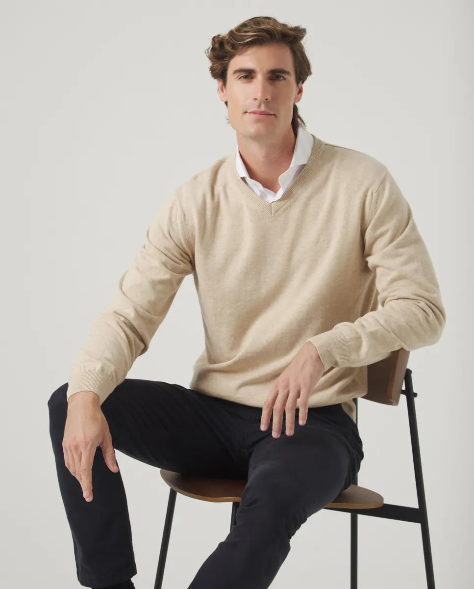 Jersey Classic V Neck Cotton Beige | SCOTTA